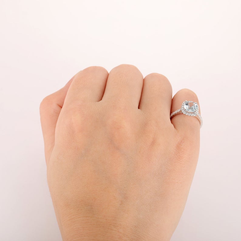 1.5 CT Round Cut Aquamarine Diamond 925 Sterling Silver Halo Engagement Ring