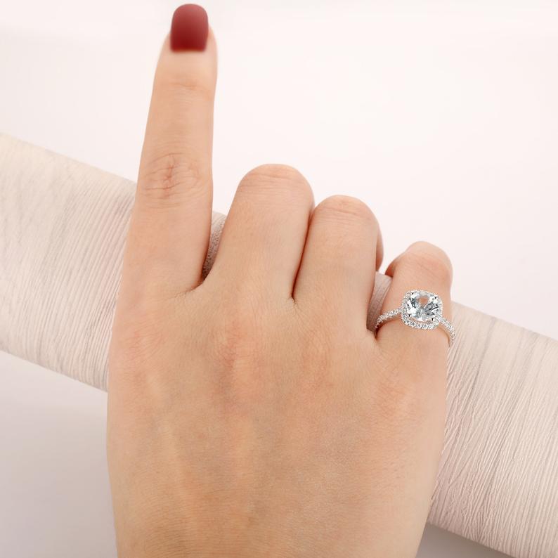 2.10 Ct Cushion Cut Blue Aquamarine 925 Sterling Silver Halo Diamond Engagement Ring