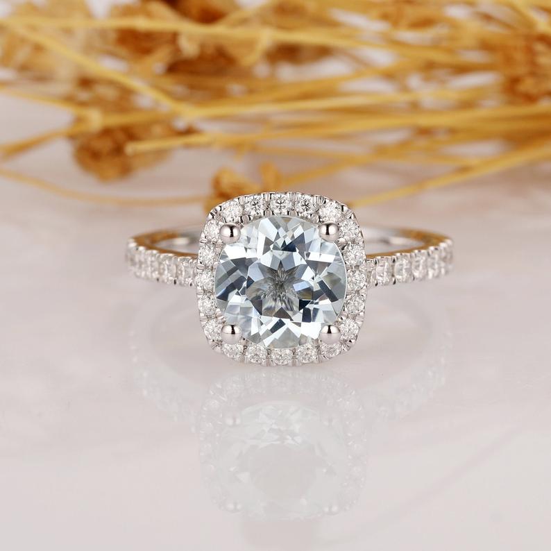 2.10 Ct Cushion Cut Blue Aquamarine 925 Sterling Silver Halo Diamond Engagement Ring