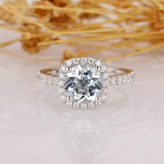 2.10 Ct Cushion Cut Blue Aquamarine 925 Sterling Silver Halo Diamond Engagement Ring