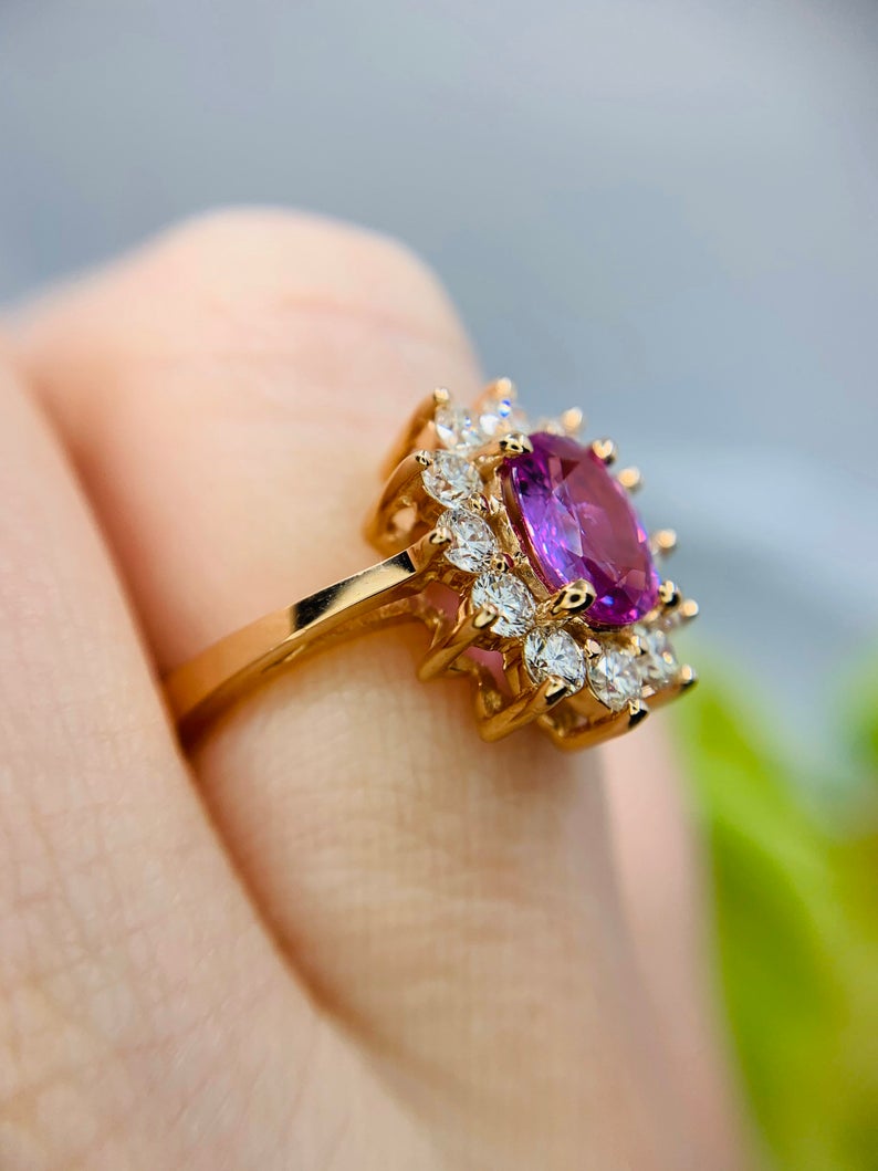 1 CT Oval Cut Pink Sapphire & Diamond Rose Gold Over On 925 Sterling Silver Halo Anniversary Ring