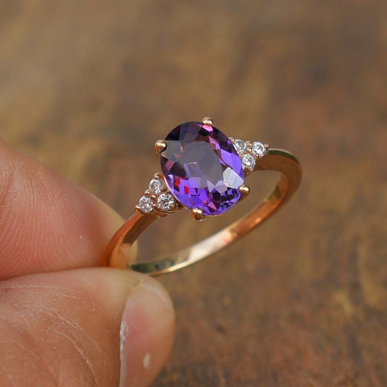 1 CT Oval cut Amethyst Diamond Rose Gold Over On 925 sterling silver Vintage Ring