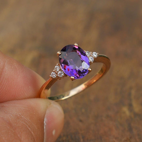CT Oval cut Amethyst Diamond Rose Gold Over On 925 sterling silver Vintage Ring