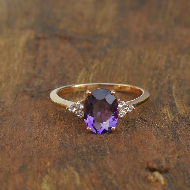 1 CT Oval cut Amethyst Diamond Rose Gold Over On 925 sterling silver Vintage Ring