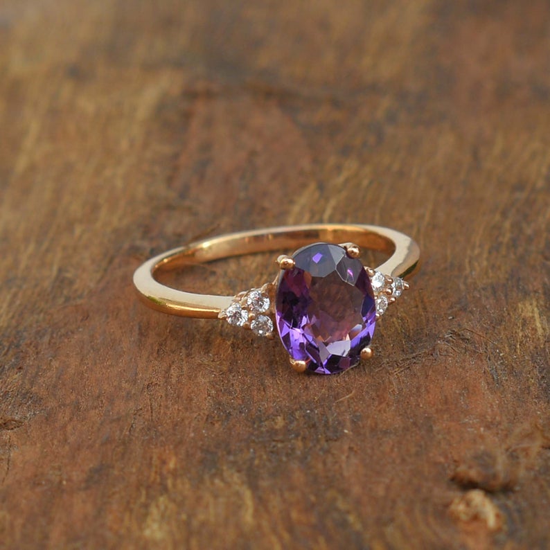 1 CT Oval cut Amethyst Diamond Rose Gold Over On 925 sterling silver Vintage Ring