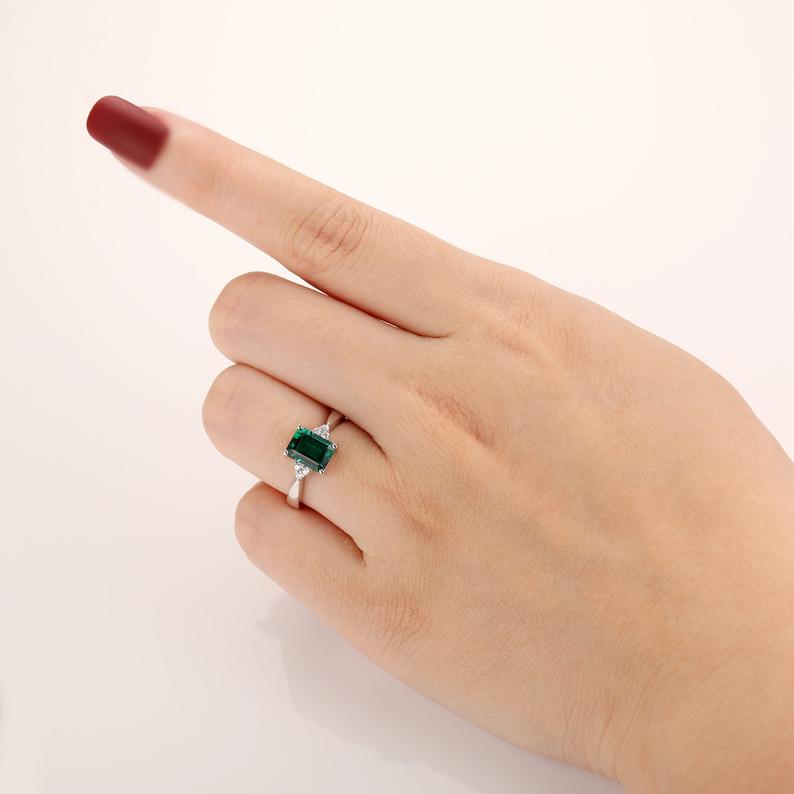 1 CT Emerald Cut Green Emerald Diamond White Gold Over On 925 Sterling Silver Solitaire With Accents Ring