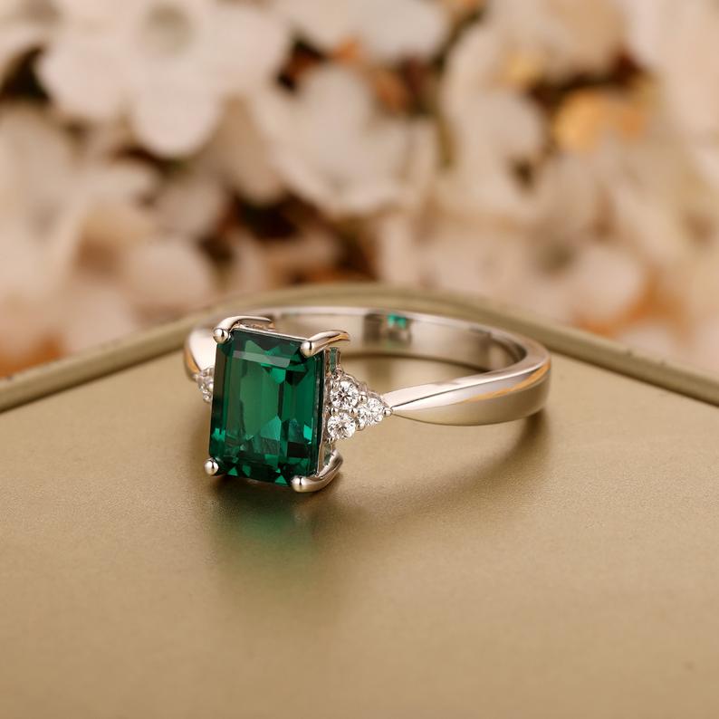 1 CT Emerald Cut Green Emerald Diamond White Gold Over On 925 Sterling Silver Solitaire With Accents Ring