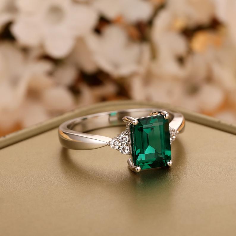 1 CT Emerald Cut Green Emerald Diamond White Gold Over On 925 Sterling Silver Solitaire With Accents Ring