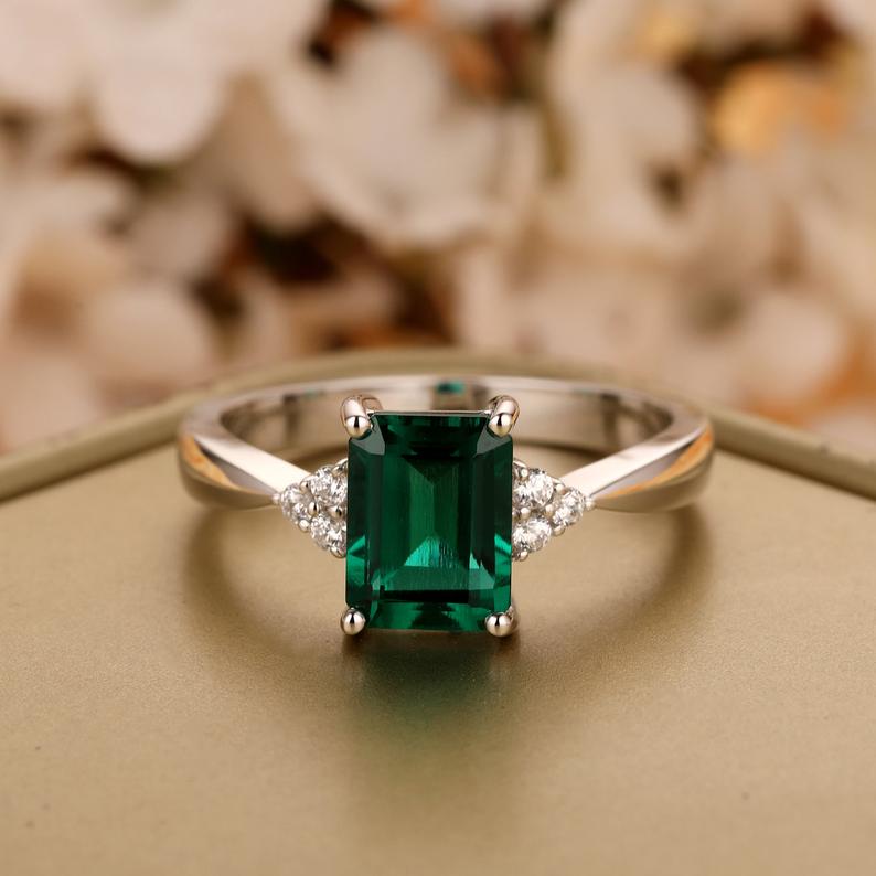 CT Emerald Cut Green Emerald Diamond White Gold Over On 925 Sterling Silver Solitaire With Accents Ring
