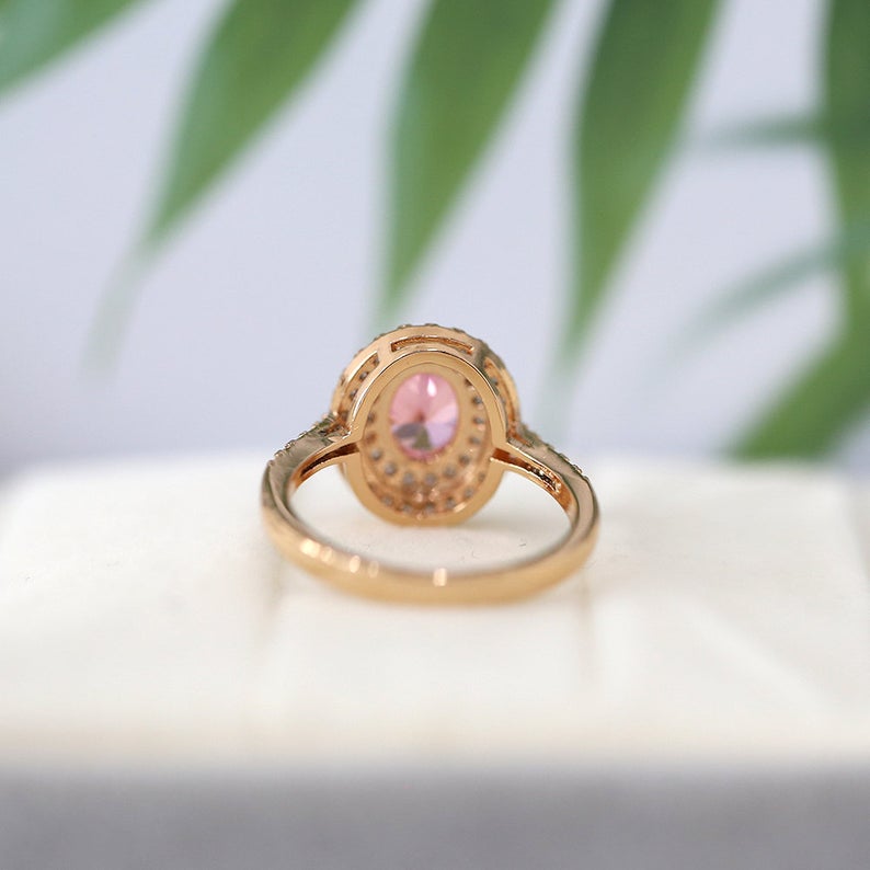 1 CT Oval Cut Pink Sapphire Diamond Rose Gold Over On 925 Sterling Silver Double Halo Anniversarry Ring