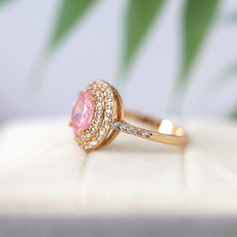 1 CT Oval Cut Pink Sapphire Diamond Rose Gold Over On 925 Sterling Silver Double Halo Anniversarry Ring
