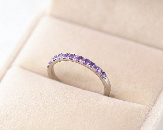 0.75 CT Round Cut Amethyst Diamond 925 Sterling Silver Half Eternity Wedding Ring
