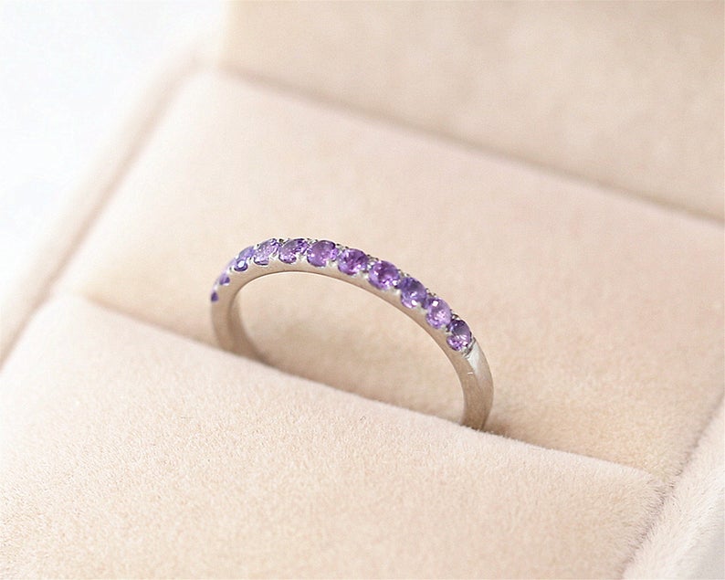 0.75 CT Round Cut Amethyst Diamond 925 Sterling Silver Half Eternity Wedding Ring