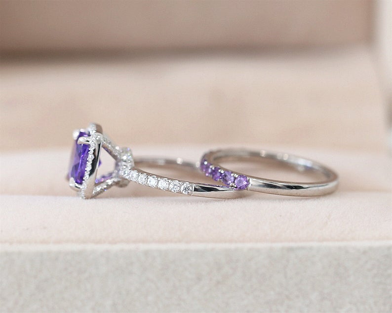 1 CT Cushion Cut Amethyst Diamond White Gold Over On 925 Sterling Silver Bridal Wedding Ring Set