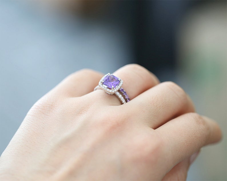 1 CT Cushion Cut Amethyst Diamond White Gold Over On 925 Sterling Silver Bridal Wedding Ring Set