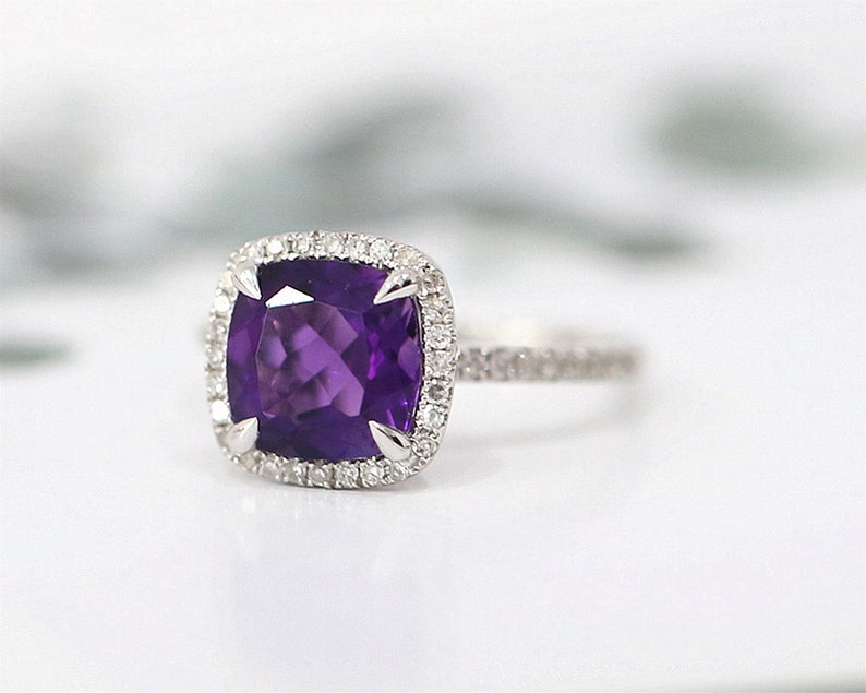 1 CT Cushion Cut Amethyst Diamond 925 Sterling Silver Halo Engagement Ring