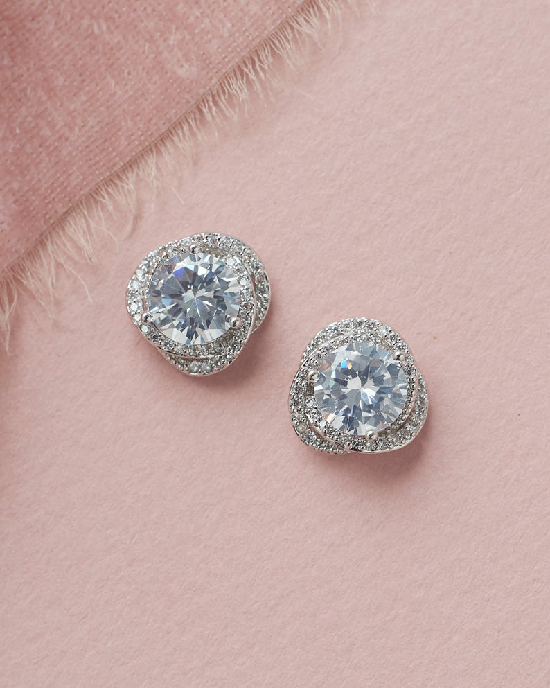 1.50 Ct Round Cut Diamond Halo Engagement Stud Earrings In 925 Sterling Silver