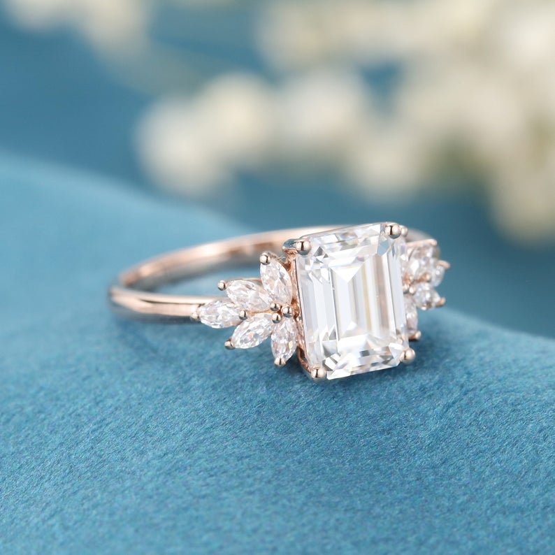 1 CT Emerald Cut White Topaz Diamond Rose Gold Over On 925 Sterling Silver Cluster Engagement Ring