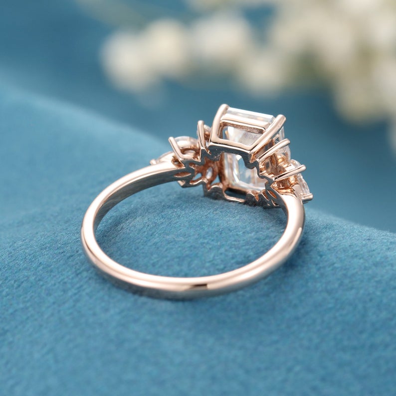 1 CT Emerald Cut White Topaz Diamond Rose Gold Over On 925 Sterling Silver Cluster Engagement Ring