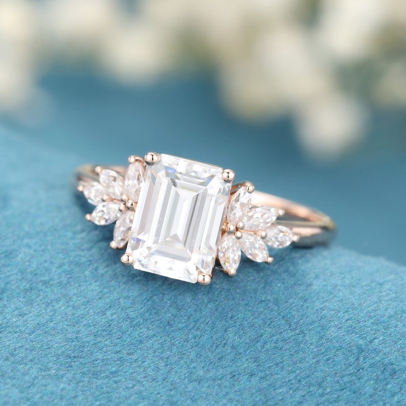 1 CT Emerald Cut White Topaz Diamond Rose Gold Over On 925 Sterling Silver Cluster Engagement Ring