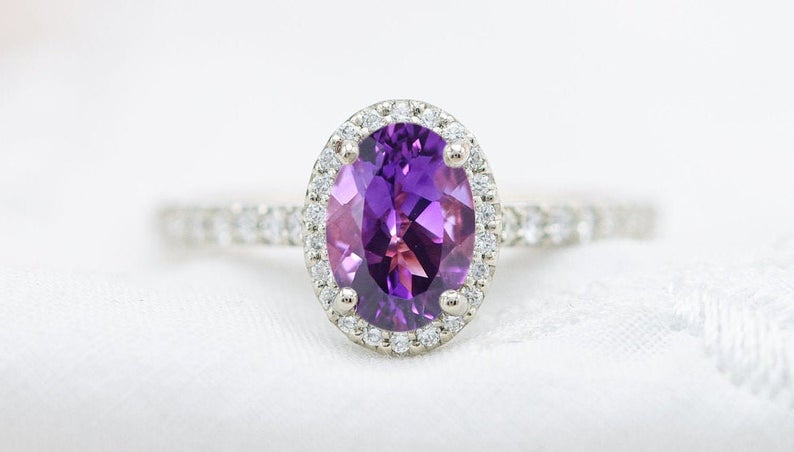 2 CT Oval Cut Amethyst Diamond 925 Sterling Silver Halo Anniversary Ring