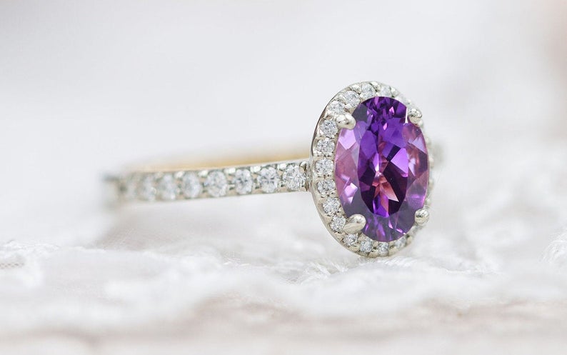 2 CT Oval Cut Amethyst Diamond 925 Sterling Silver Halo Anniversary Ring
