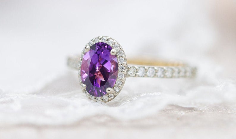 2 CT Oval Cut Amethyst Diamond 925 Sterling Silver Halo Anniversary Ring