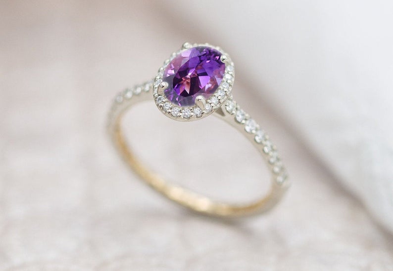 2 CT Oval Cut Amethyst Diamond 925 Sterling Silver Halo Anniversary Ring