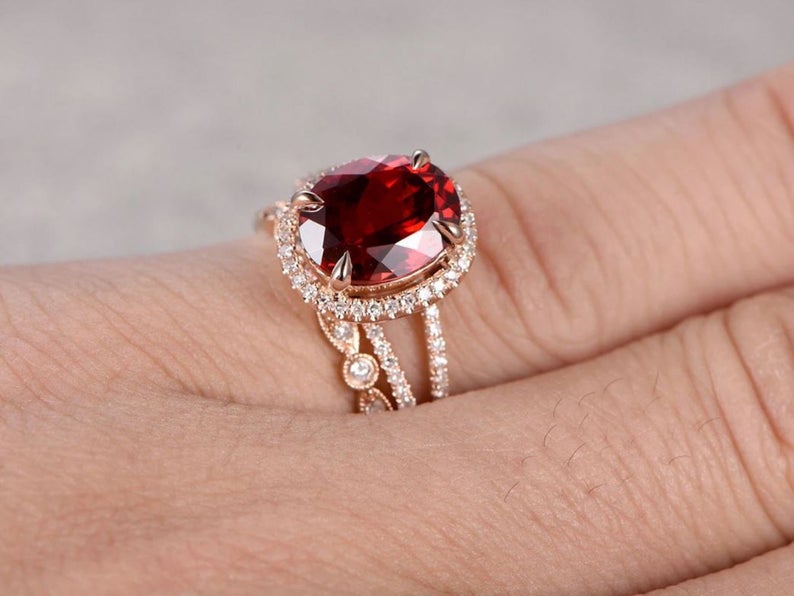 2 CT Round Cut Red Ruby Diamond 925 Sterling Silver Women Halo wedding Bridal Ring Set