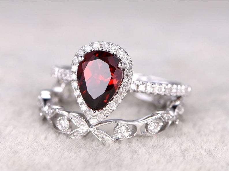 2 CT Pear Cut Ruby Diamond 925 Sterling Silver Halo Wedding Bridal Ring Set