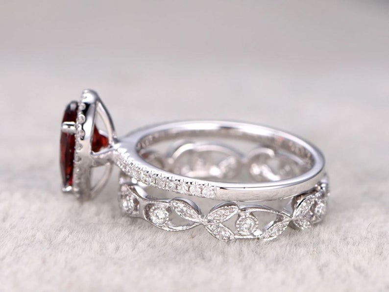 2 CT Pear Cut Ruby Diamond 925 Sterling Silver Halo Wedding Bridal Ring Set