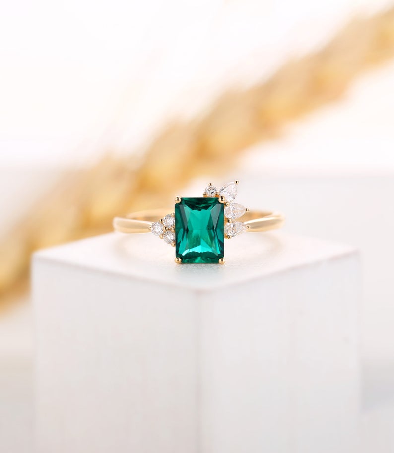 2.50 CT Emerald Cut Green Emerald Rose Gold Over On 925 Sterling Silver Cluster Engagement Ring