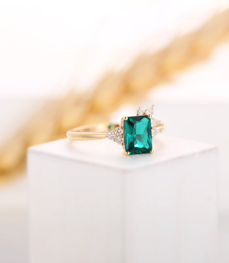2.50 CT Emerald Cut Green Emerald Rose Gold Over On 925 Sterling Silver Cluster Engagement Ring