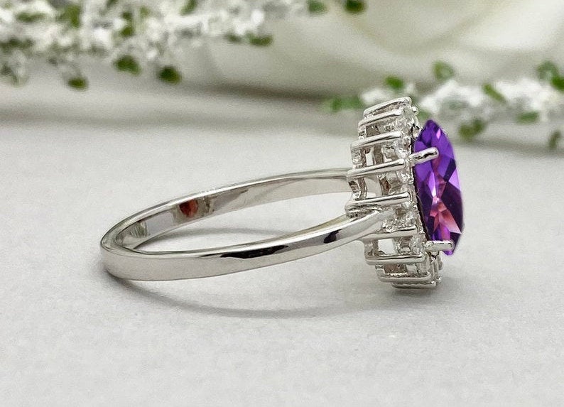 1 CT Oval Cut Amethyst Diamond White Gold Over On 925 Sterling Silver Halo Wedding Ring For Women