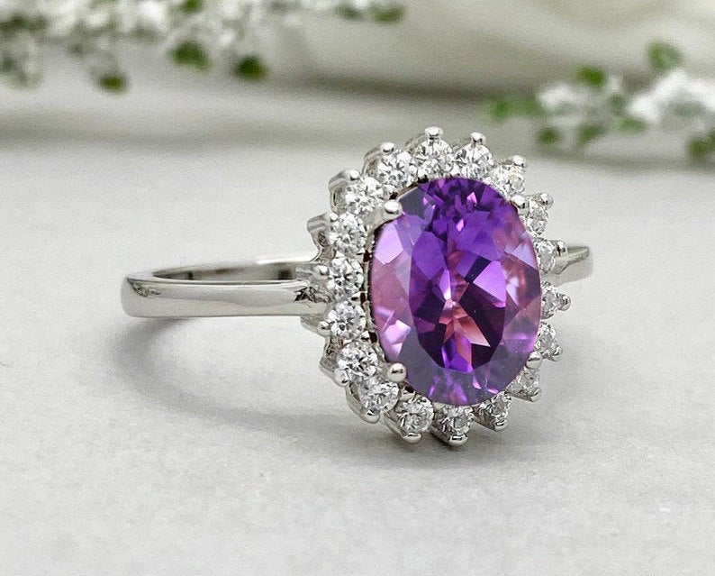 1 CT Oval Cut Amethyst Diamond White Gold Over On 925 Sterling Silver Halo Wedding Ring For Women