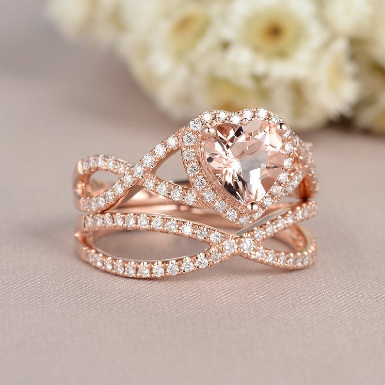 2 CT Heart Cut Morganite Diamond 925 Sterling Silver Halo Wedding Bridal Ring Set