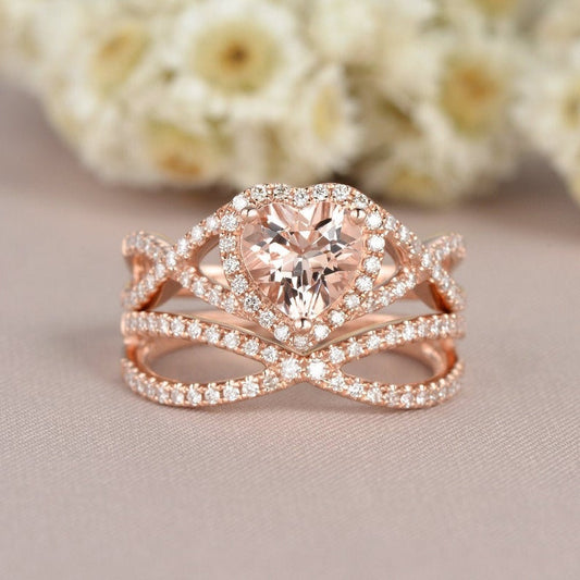 2 CT Heart Cut Morganite Diamond 925 Sterling Silver Halo Wedding Bridal Ring Set