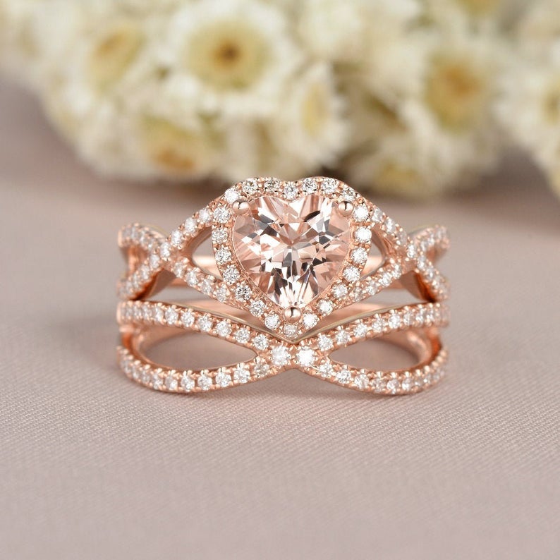 1 CT Heart Cut Morganite Diamond Rose Gold Over On 925 Sterling Silver Infinity Bridal Ring Set