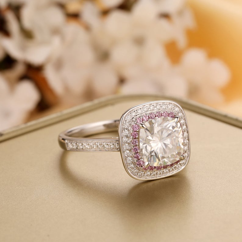 2.0 CT Cushion Cut Pink Sapphire Diamond 925 Sterling Silver Double Halo Anniversary Ring