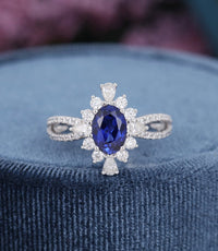 1 CT Oval Cut Blue Sapphire Diamond White Gold Over On 925 Sterling Silver Halo Anniversary Ring Gift For Women