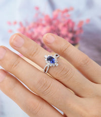 1 CT Oval Cut Blue Sapphire Diamond White Gold Over On 925 Sterling Silver Halo Anniversary Ring Gift For Women