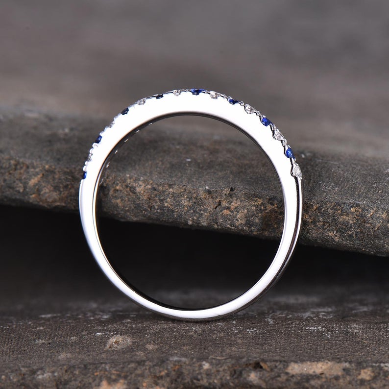 1 CT Round Cut Blue Sapphire and CZ Diamond 925 Sterling Silver Half Eternity Wedding Band Ring