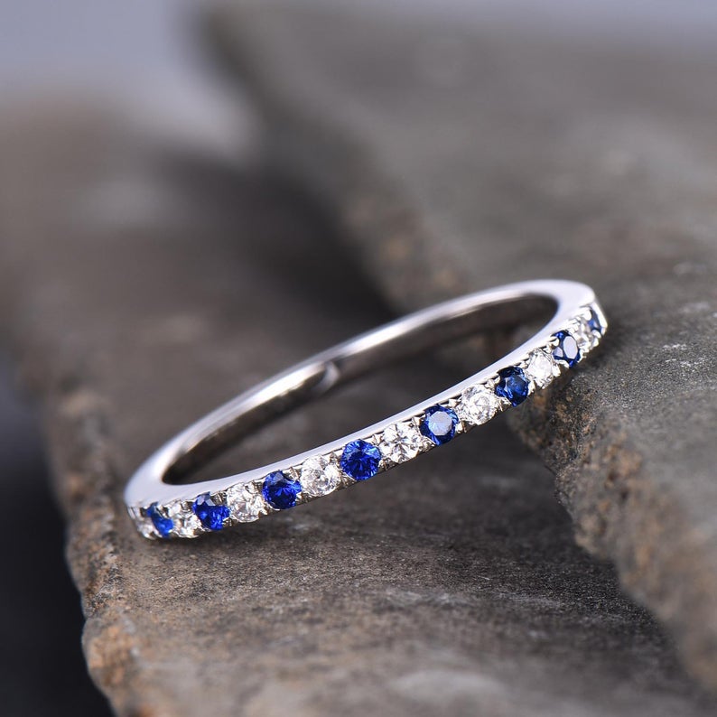1 CT Round Cut Blue Sapphire and CZ Diamond 925 Sterling Silver Half Eternity Wedding Band Ring