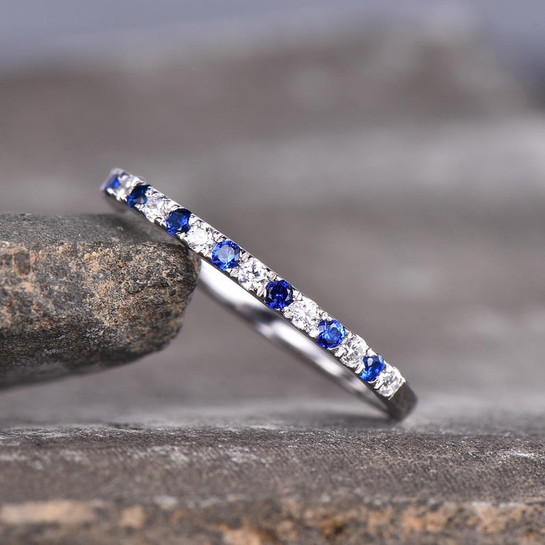 1 CT Round Cut Blue Sapphire and CZ Diamond 925 Sterling Silver Half Eternity Wedding Band Ring