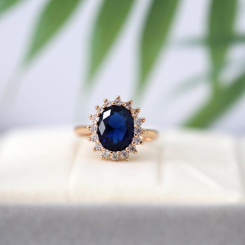 2 CT  Oval Cut Blue Sapphire & Round CZ Diamond Rose Gold Over On 925 Sterling Silver Halo Engagement Ring