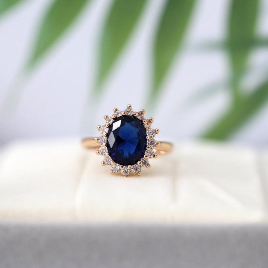2 CT  Oval Cut Blue Sapphire & Round CZ Diamond Rose Gold Over On 925 Sterling Silver Halo Engagement Ring