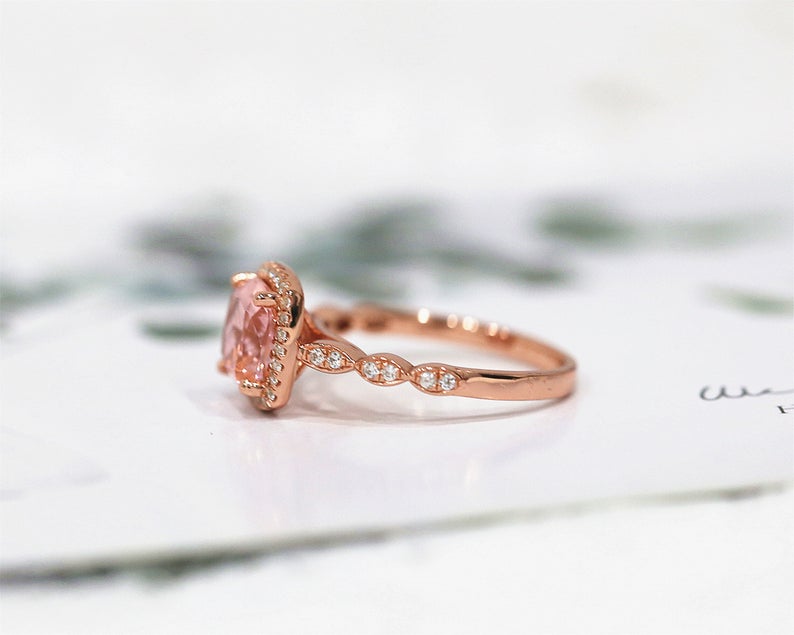 1 CT Cushion Cut Morganite Diamond Rose Gold Over On 925 Sterling Silver Halo Engagement Ring