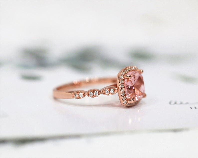 1 CT Cushion Cut Morganite Diamond Rose Gold Over On 925 Sterling Silver Halo Engagement Ring