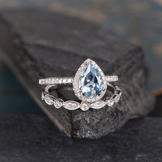 1 CT Pear Cut Aqumarine Diamond 925 Sterling Silver Halo Anniversary Gift Ring
