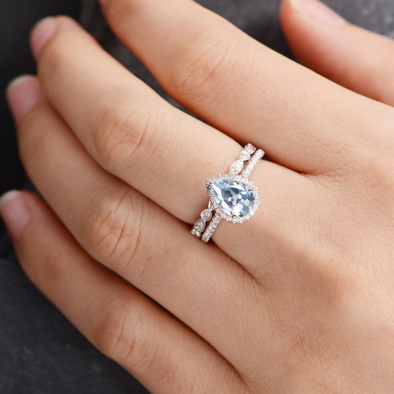 1 CT Pear Cut Aqumarine Diamond 925 Sterling Silver Halo Anniversary Gift Ring